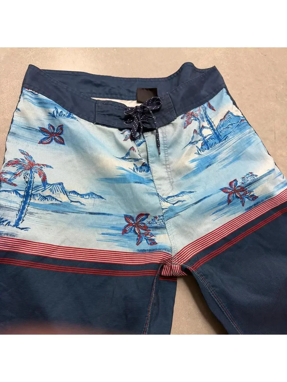 Y2K Tropical Blue Navy Men's Burnside Bathing Suit Waist 30